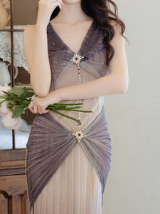 Purple Gradient Deep V-neck Mesh Pleated 1920S Dress