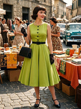 Load image into Gallery viewer, 1950s vintage style lime green sleeveless midi swing dress featuring black front buttons and a matching black waist belt.