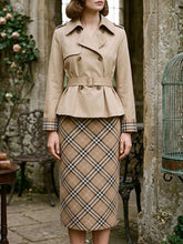 Load image into Gallery viewer, Classic khaki Plaid Trim Trench Jacket and Pencil Skirt Set