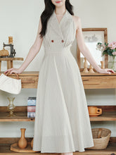 Load image into Gallery viewer, White V Neck Vertical Striped Vintage Dress