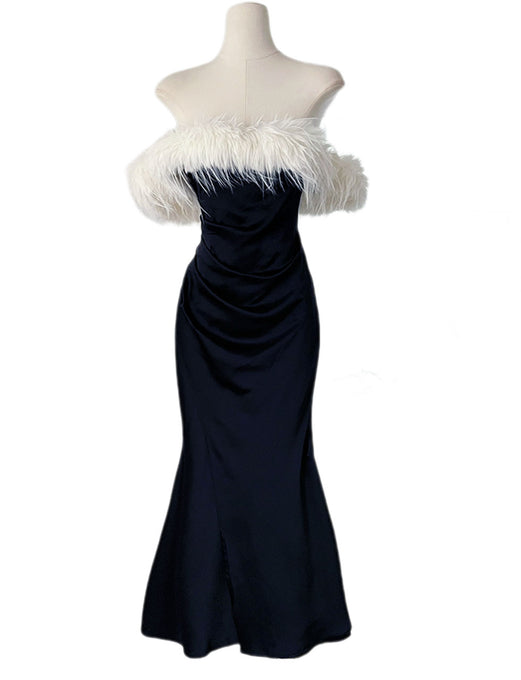 Black Off The Shoulder Feather Bodycon Dress Sexy Gown Party Dress