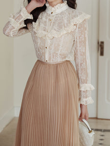 2PS White Victorian Lace Shirt and High Waist Pleated Skirt Vintage Dress Outfit