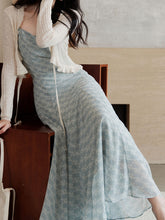 Load image into Gallery viewer, Baby Blue Printed Spaghetti Strap Chiffon Romantic Fishtail Dress and White Cardigan