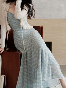Baby Blue Printed Spaghetti Strap Chiffon Romantic Fishtail Dress and White Cardigan