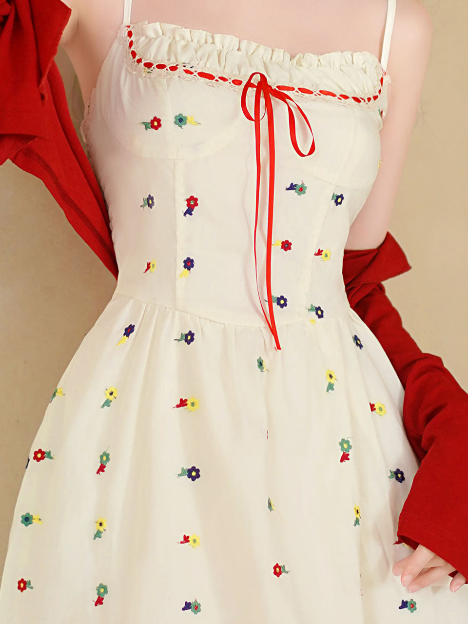 White Cute Cotton Embroidered Dress with Red Cardigan Vintage Suit, White / Xs White Cute Cotton Embroidered Dress with Red Cardigan Vintage Suit, White / Xs