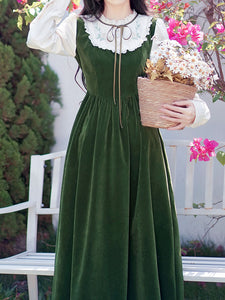 Green Frilled Collar Cottagecore Long Sleeve Vintage 1950S Swing Dress