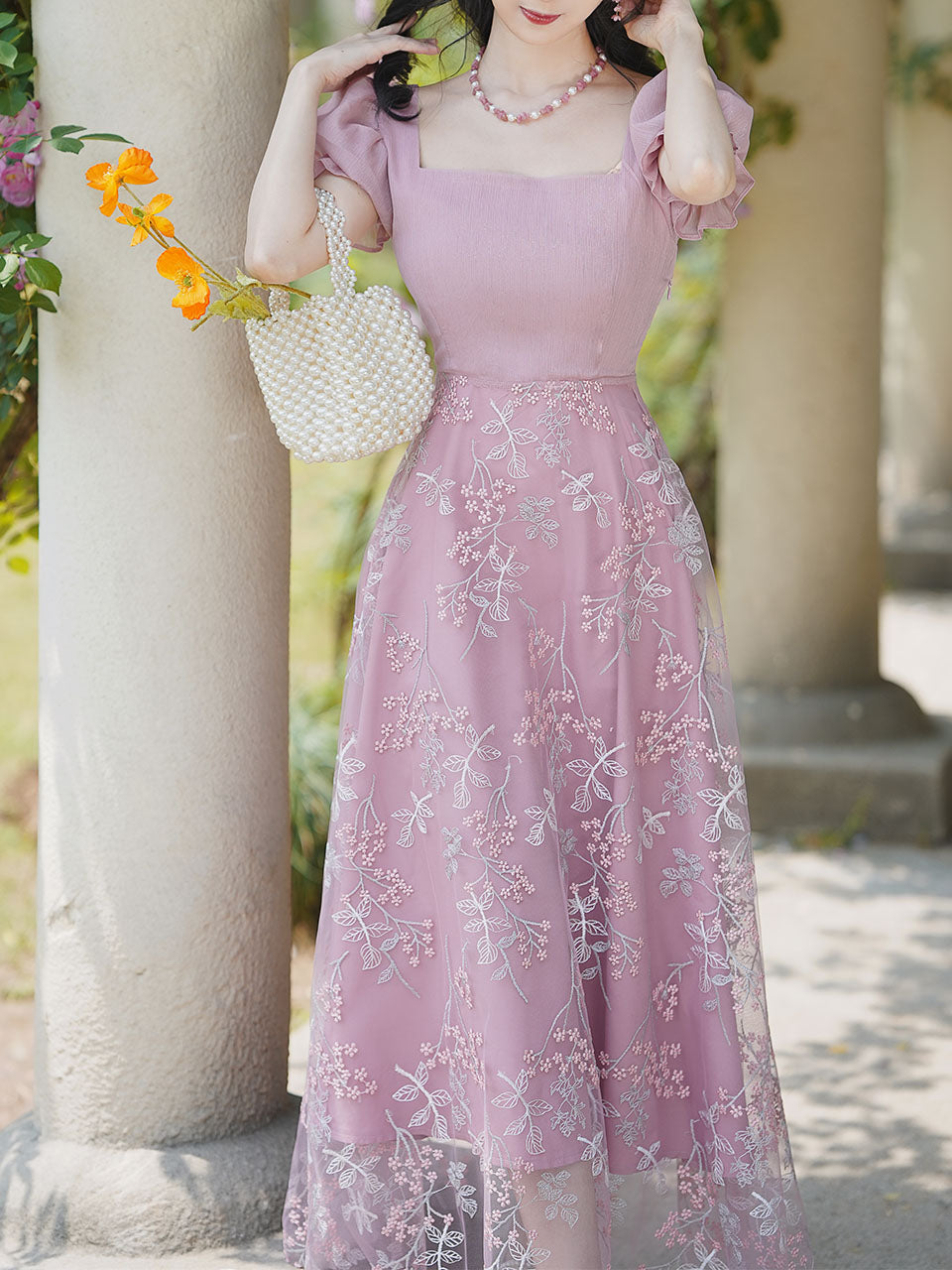 Pink Embroidered Square Neck Puff Sleeve Vintage Lace Up Dress Jolly Vintage Pink Embroidered Square Neck Puff Sleeve Vintage Lace Up Dress Jolly Vintage