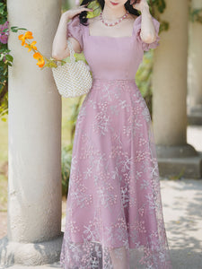 Pink Embroidered Square Neck Puff Sleeve Vintage Lace Up Dress
