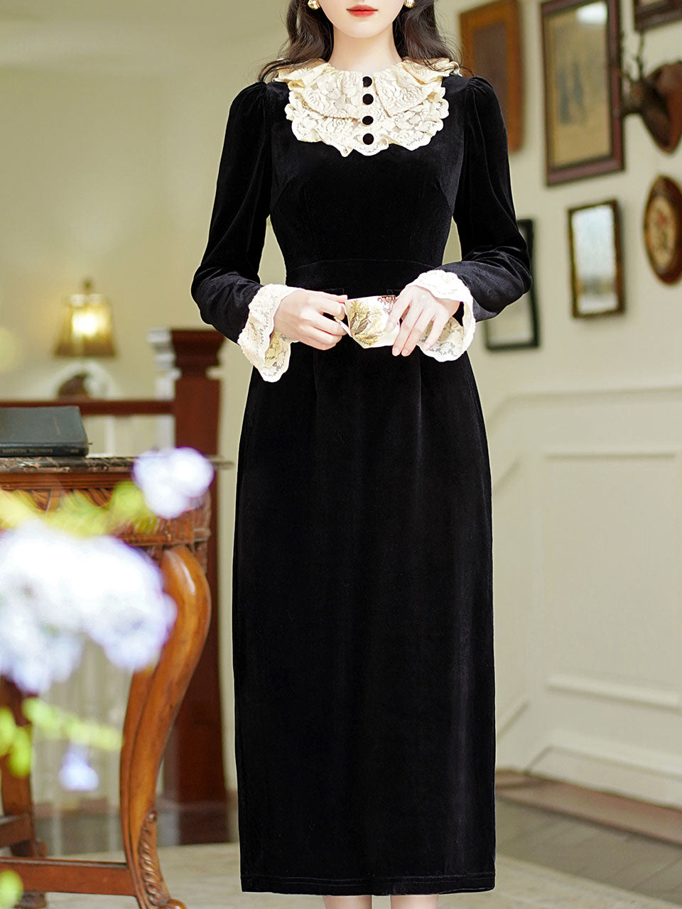 Black Velvet Lace Ruffles Edwardian Revival Dress, Black / L Black Velvet Lace Ruffles Edwardian Revival Dress, Black / L