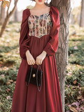 Load image into Gallery viewer, Wine Red Square Collar Floral Print Corset Long Sleeve Vintage 1950S Dress