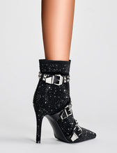 Load image into Gallery viewer, Black High Heel Pointed Toes Luxury Flower Bling Rhinestone Bootie Shoes