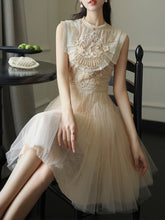 Load image into Gallery viewer, Apricot Embroidered Butterfly Hollow Short Sleeve Lace Mini Dress