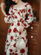 Load image into Gallery viewer, White Sweet Heart Collar Rose Print Long Sleeve Vintage Dress