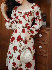 White Sweet Heart Collar Rose Print Long Sleeve Vintage Dress