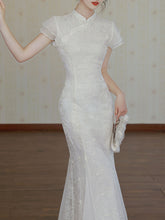 Load image into Gallery viewer, White Lace Ruffle Sleeve Sequined Fishtail Cheongsam Fishtail Wedding Dress