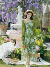 Load image into Gallery viewer, 2PS Green Floral Lace Dress with Green Knit Mesh Cardigan