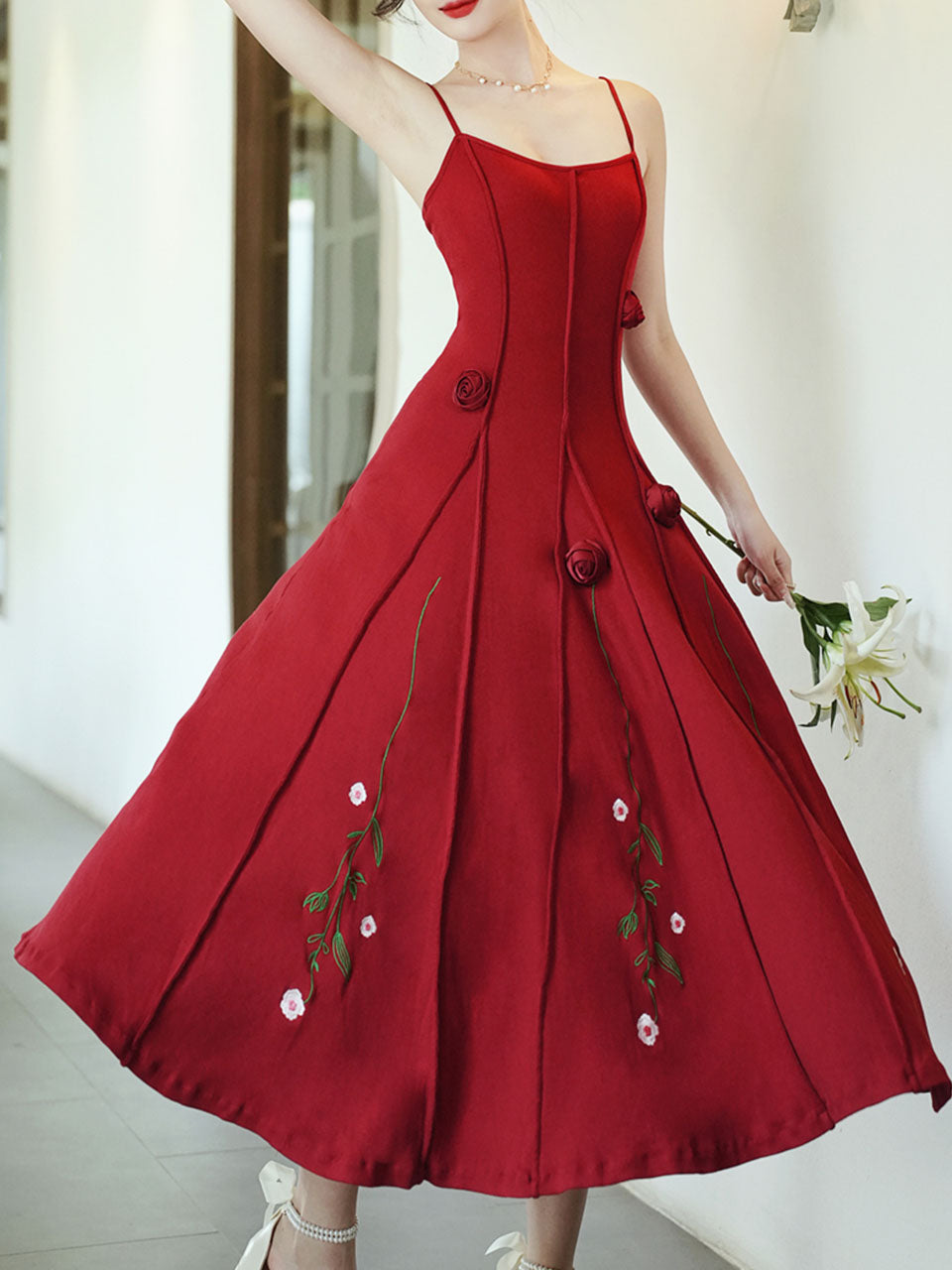 Red Rose Handmade Flower Spaghetti Strap Swing Engagement Party Dress, Red / L