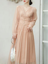 Load image into Gallery viewer, Champagne V Neck Long Sleeve Corset Vintage 1950S Dress