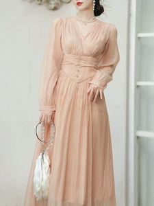 Champagne V Neck Long Sleeve Corset Vintage 1950S Dress