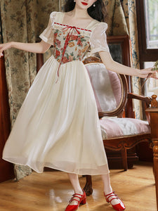 Apricot Square Collar Floral Print Corset Short Sleeve Vintage 1950S Dress