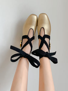 Luxury Round Heel Leather Mary Jane Ballet Lace Up Shoes