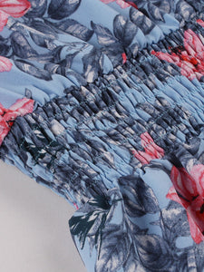 Blue Floral Print V Neck 1950S Vintage Dress
