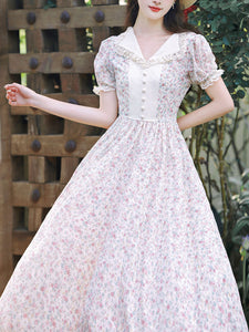 Pink Lace Floral Print Puff Sleeve Fairy Corecottage Dress