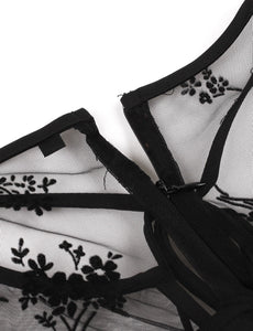 Black Semi Sheer Flower Embroidered 1950s Vintage Dress