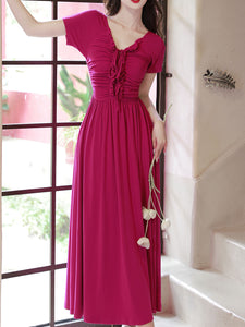 Rose Red V Neck Short Sleeve Vintage 1950S Dress