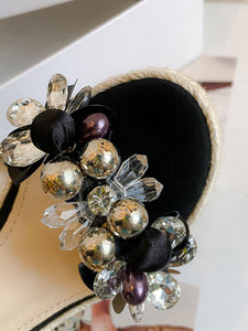 Women's Open Toe Bow Wedge Heel Rhinestones Sandals Leather Vintage Shoes