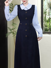 Load image into Gallery viewer, Navy Fake Two Piece Shirt Lapel 1940s Vintage Dress