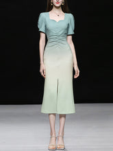 Load image into Gallery viewer, Blue Gradient Sweet Heart Collar Puff Sleeve Slit Mermaid Dress