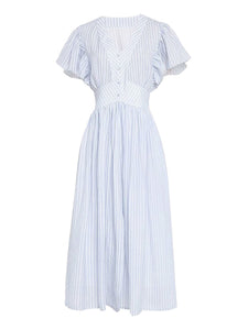 Light Blue Striped V Neck 1950S Vintage Dress