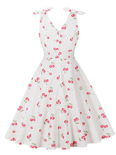 Load image into Gallery viewer, White V Neck Cherry 1950s Vintage Swing Dress