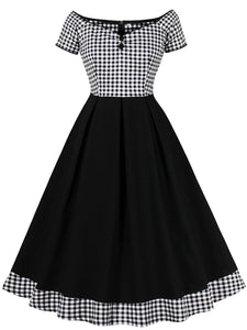 Black Plaid Off Shoulder Short Sleeve 1950S Vintage Dress