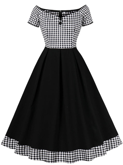 Black Plaid Off Shoulder Short Sleeve 1950S Vintage Dress