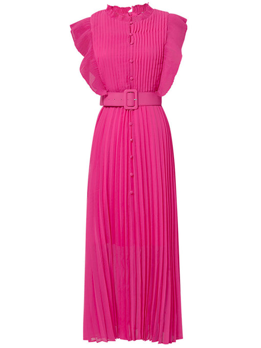 Rose Crew Neck Ruffles Pleated 1970S Vintage Dress