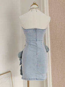 Bandeau Floral Denim Vintage Mini Dress