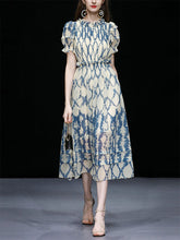 Load image into Gallery viewer, Blue Floral Print Puff Sleeve Organza 1950S Dress