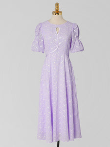 Lilac Flower Embroidery Crew Neck 1950S Vintage Dress