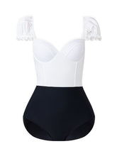 Load image into Gallery viewer, White And Black Retro Audrey Hepburn&#39;s Style One Piece Swimsuit