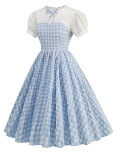Baby Blue Plaid Crew Neck Puff Sleeve 1950S Swing Dress
