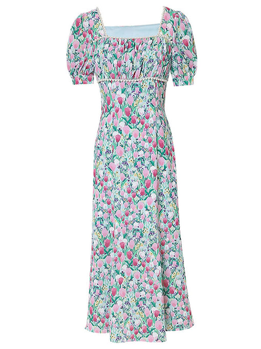Blue Tulip Print Pearl 1950S Vintage Dress With Puff Sleeve