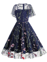 Load image into Gallery viewer, Wine Red Semi Mesh Flower Embroidered Short Sleeve 50S Swing Dress