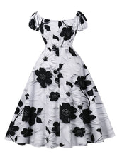 Load image into Gallery viewer, Black Off The Shoulder Flower Print 1950s Vintage Swing Dress