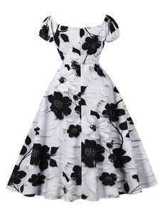 Black Off The Shoulder Flower Print 1950s Vintage Swing Dress