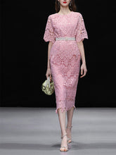 Load image into Gallery viewer, 2PS Sweet Pink Crew Neck Lace Mermaid Skirt Suit With Pearl Belt