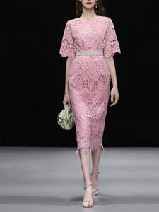 2PS Sweet Pink Crew Neck Lace Mermaid Skirt Suit With Pearl Belt
