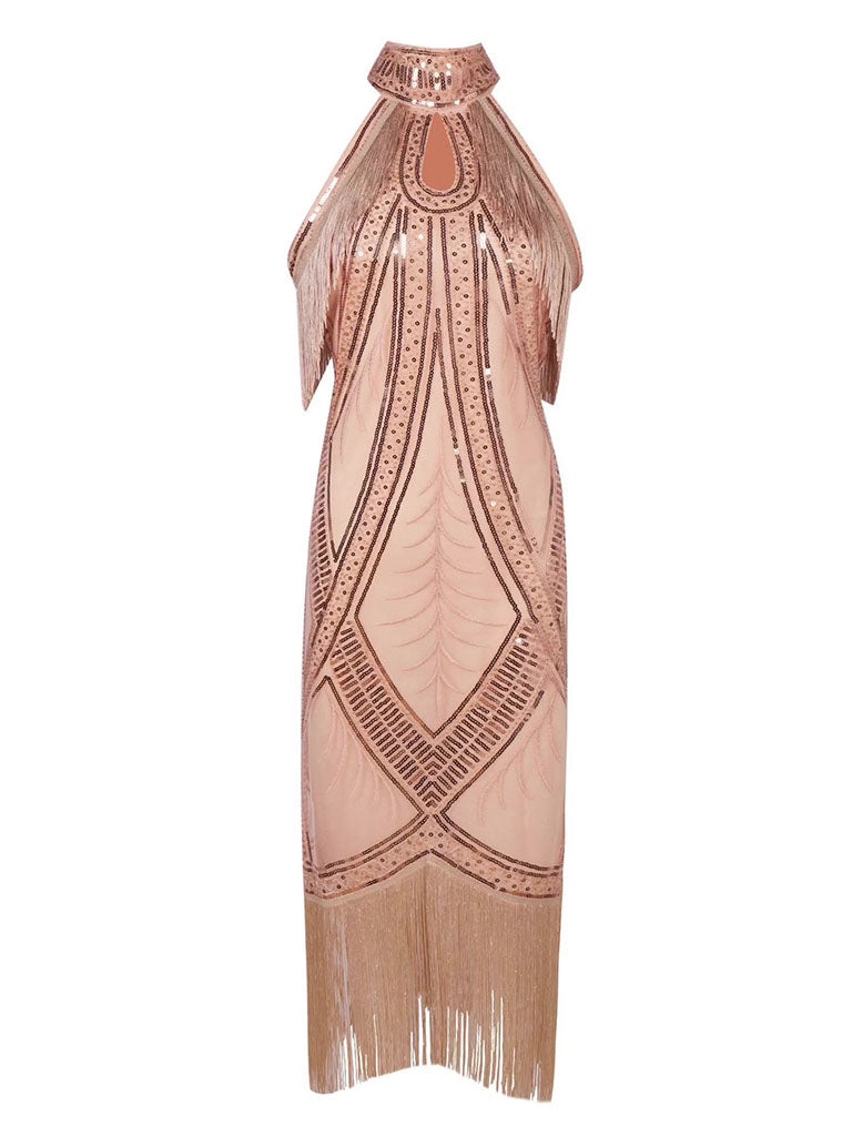 Apricot Cold Shoulder Gatsby Glitter Fringe 1920s Flapper Dress