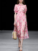 Load image into Gallery viewer, Pink Floral Print Ruffles 1950S Chiffon Vintage Dress